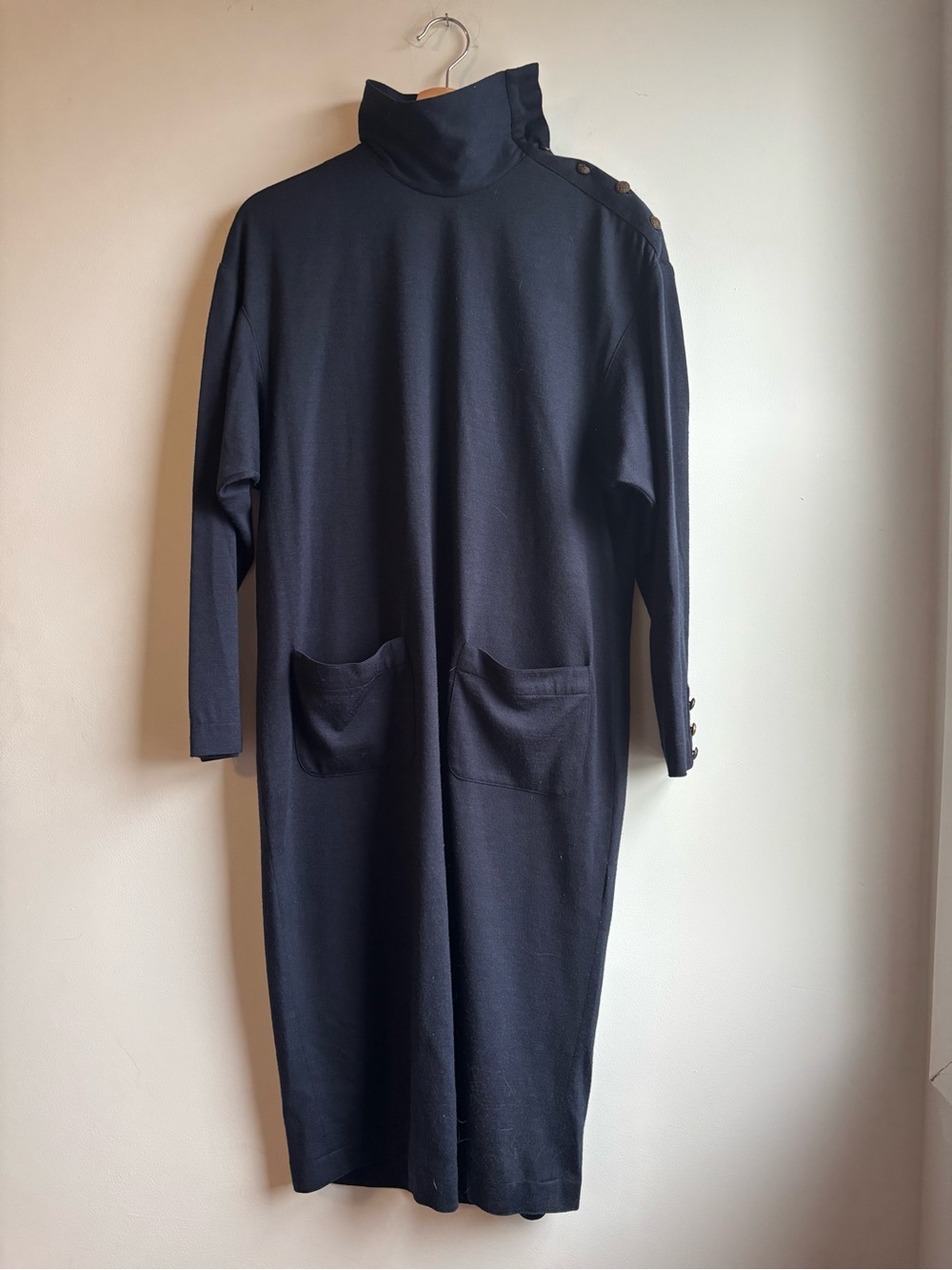 100% Wool Turtleneck Long Sleeve Pocket Dress - Navy